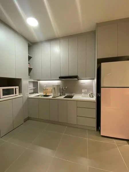 Kitchen features: grey cabinetry, white countertop, stainless-steel sink, chrome pull-down faucet, built-in microwave, freestanding fridge in white, built-in oven, ceramic tile flooring, recessed downlights, open shelving, tile backsplash, kitchen island, under-cabinet lighting; style: modern.