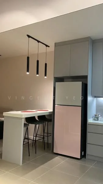 Kitchen features: grey cabinetry, white countertop, pink refrigerator, stainless-steel sink, chrome pull-down faucet, pendant lighting with three fixtures, bar seating with three black stools, ceramic tile flooring, recessed lighting, open layout; style: modern.