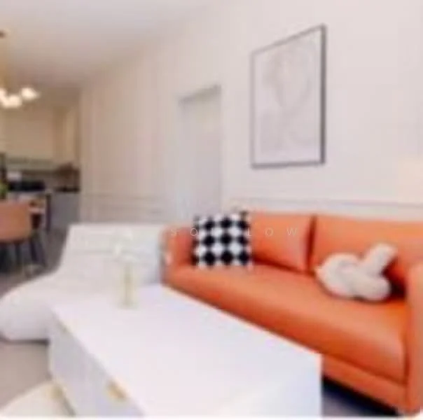 Living features: orange leather sofa, white coffee table, black and white checkered cushion, framed artwork on wall, recessed ceiling lights, open-plan layout, light-colored walls, laminate flooring; style: modern.