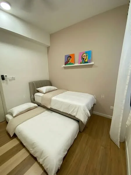 Bedroom features: queen-size bed with upholstered headboard, single bed, white bedding, wooden flooring, light beige painted walls, shelf with decorative artwork, curtains, ceiling fan; style: modern.