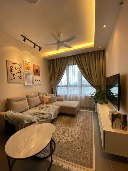 Living features: 3-seater fabric sofa in beige, L-shape sectional sofa, coffee table with black metal frame, area rug with geometric pattern, wall-mounted TV, white TV console, floor-to-ceiling windows, curtains in light brown, ceiling fan with light, recessed LED downlights, framed artwork on walls, decorative plants in ceramic pots; style: modern; view: city.