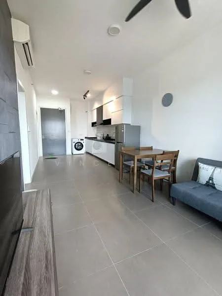 Living features: grey tiled flooring, white painted walls, ceiling fan, wall-mounted TV, wooden TV console, black sofa, dining table with four wooden chairs, kitchen cabinetry with white finish, built-in oven, washing machine, recessed lighting, open layout; style: modern.