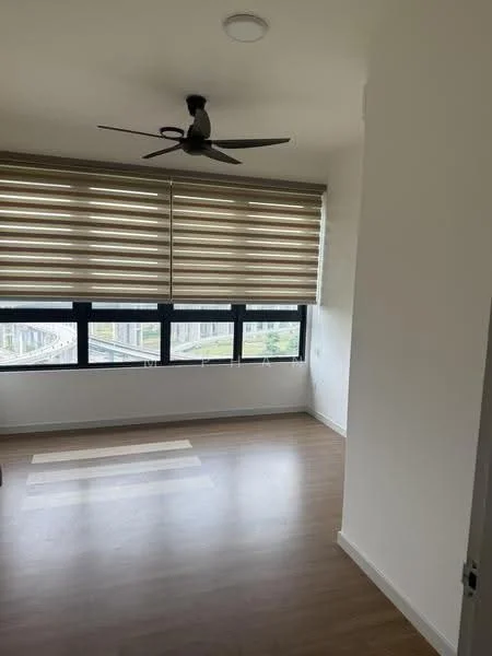 Room features: wooden flooring, 5-blade ceiling fan, roller blinds, large windows, white painted walls, neutral colour scheme, natural light, view of outdoor space; style: modern; view: garden.
