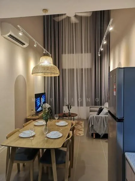 Dining features: wooden dining table, 4 dining chairs, decorative vase with flowers, table setting with plates and glasses, pendant light fixture, wall-mounted TV, grey sofa, area rug, floor-to-ceiling windows with sheer curtains, wall-mounted split AC, recessed lighting; style: modern.