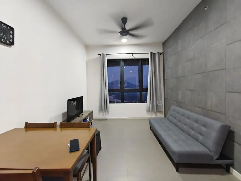 Living features: grey accent wall, white painted walls, floor-to-ceiling windows, blackout curtains, 5-blade ceiling fan with light, grey fabric sofa, wooden dining table, 4 dining chairs, TV console, wall-mounted TV, tile flooring; style: modern; view: city.