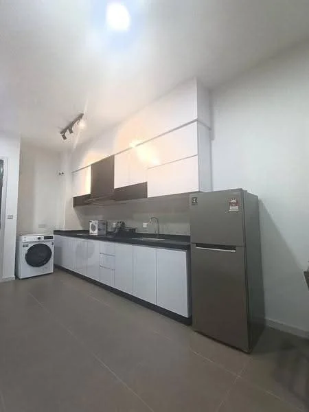 Kitchen features: white cabinetry with flat-panel doors, black granite countertop, stainless-steel fridge, built-in oven, 4-burner gas hob, single-bowl stainless-steel sink, chrome pull-down faucet, washing machine, recessed downlights, tile flooring, wall-mounted cabinets, open shelving; style: modern.