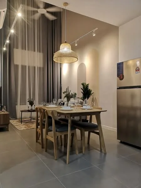 Dining features: wooden dining table, 4 wooden dining chairs, pendant light fixture, grey walls, floor-to-ceiling curtains, ceramic tile flooring, refrigerator, decorative plants, area rug, track lighting; style: modern.