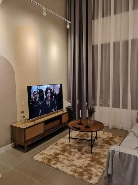 Living features: light grey fabric sofa, wooden coffee table with black metal legs, TV console with storage, wall-mounted TV, area rug with geometric pattern, floor-to-ceiling windows with sheer curtains, recessed ceiling lights, decorative plants on the coffee table, neutral painted walls, tile flooring; style: modern.