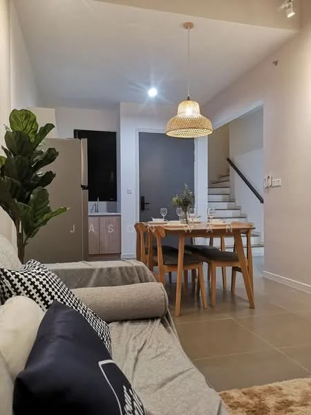 Living features: grey fabric sofa, decorative throw pillows, pendant light fixture, wall-mounted TV, coffee table, area rug, indoor plant, tile flooring; style: modern. Dining features: wooden dining table, 4 wooden dining chairs, vase with flowers, wall-mounted cabinet, tile flooring; style: modern.