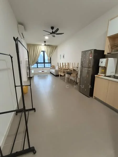 Living features: light grey tiled flooring, white painted walls, 5-blade ceiling fan with light, large window with sheer curtains, sofa bed, wooden dining table with chairs, stainless-steel fridge, built-in kitchen cabinetry, microwave, laundry rack, open layout; style: modern; view: city.
