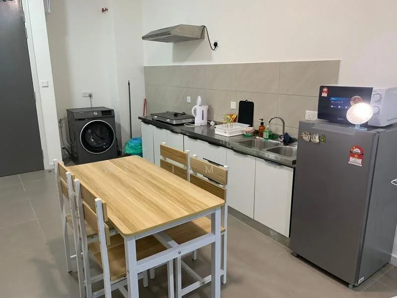 Kitchen features: white cabinetry, grey tiled backsplash, stainless-steel sink, chrome pull-down faucet, built-in gas stove, stainless-steel range hood, microwave, fridge, front-load washing machine, wood dining table, 4 wooden dining chairs, grey tile flooring, recessed downlights; style: modern.