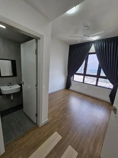 Room features: wooden flooring, white painted walls, ceiling fan, floor-to-ceiling windows, blackout curtains, mirror above sink, sink with faucet, door leading to bathroom, grey tiled flooring in bathroom area; style: modern; view: city.