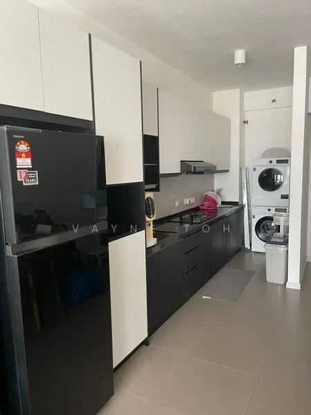 Kitchen features: black refrigerator, black cabinetry with white upper cabinets, built-in oven, stainless-steel sink, chrome pull-down faucet, countertop with black finish, washing machine, tile flooring, wall-mounted cabinets, kitchen mat, open layout, light fixture on ceiling; style: modern.