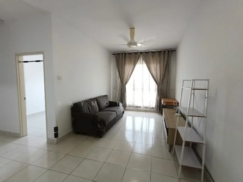 Living features: 3-seater fabric sofa in grey, ceiling fan, floor-to-ceiling windows, sheer curtains, white painted walls, tile flooring, wooden console table, open shelving unit; style: modern.