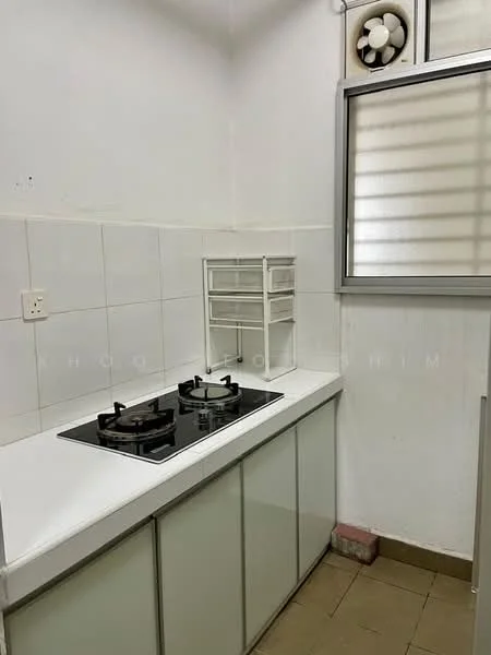 Kitchen features: white tiled walls, white countertop, glass-front upper cabinets, 2-burner gas hob, stainless-steel sink, grey tiled flooring, window with horizontal blinds, exhaust fan; style: modern.