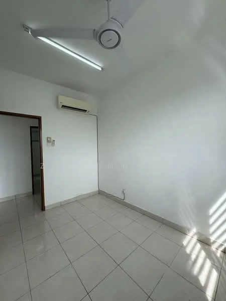 Room features: white painted walls, tile flooring, ceiling fan, wall-mounted split AC, window with blinds, light fixture, corner of a door frame, natural light from window.