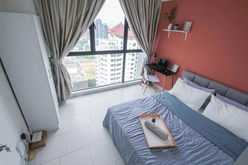 Bedroom features: king-size bed with grey upholstered headboard, white bedding with grey throw blanket, floor-to-ceiling windows, city view, white sheer curtains, light grey wall, orange accent wall, wooden study desk, white chair, shelf above desk, white wardrobe, tile flooring; style: modern; view: city.