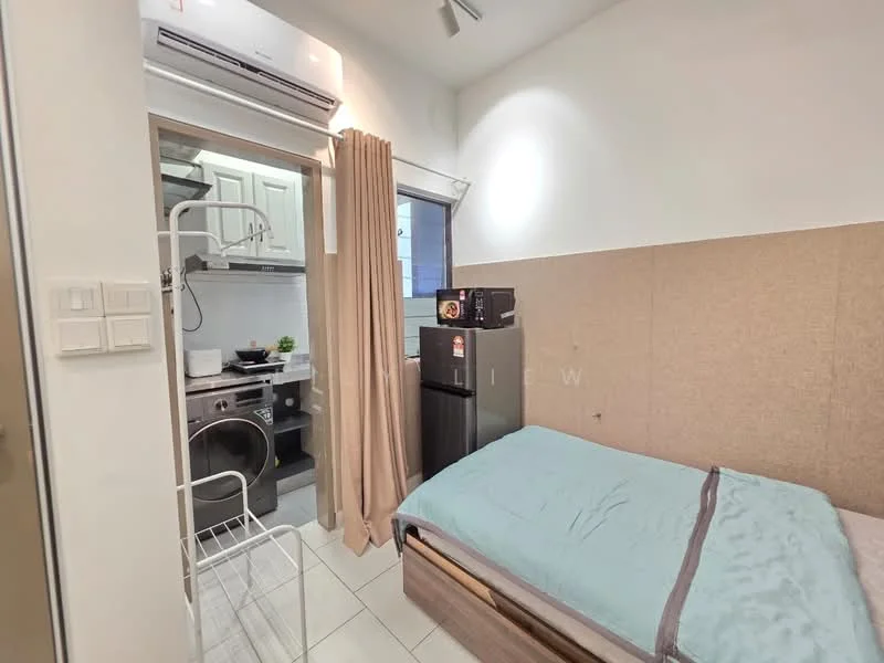 Bedroom features: queen-size bed with light blue bedding, wall-mounted air conditioning unit, built-in wardrobe, fridge, washing machine, white cabinetry, curtain for privacy, tile flooring, light-colored accent wall, window with natural light; style: modern.