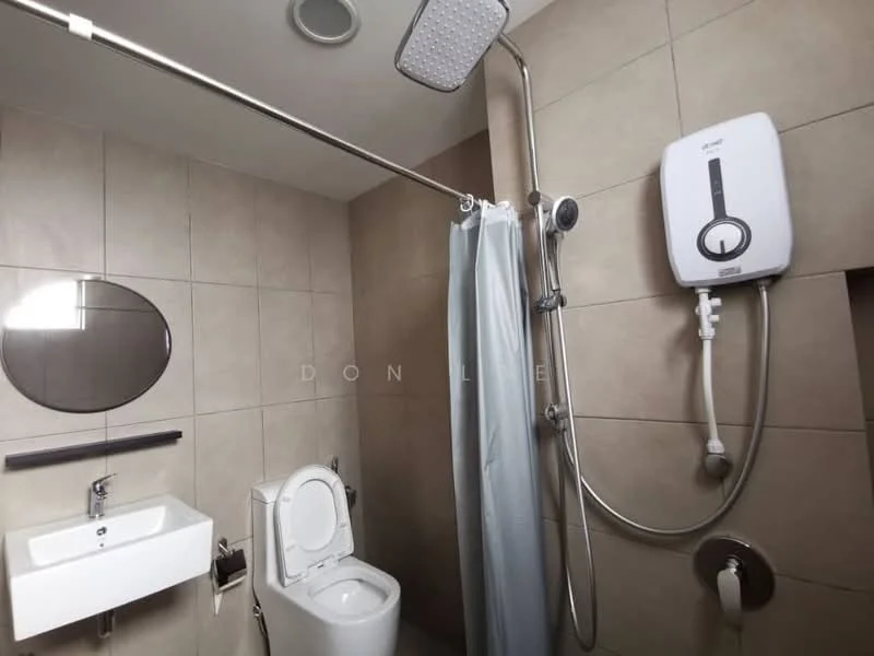 Bathroom features: wall-mounted toilet, single-sink vanity with wall-mounted faucet, round mirror, shower with rain shower head, shower curtain, water heater, tile flooring, tile walls; style: modern.