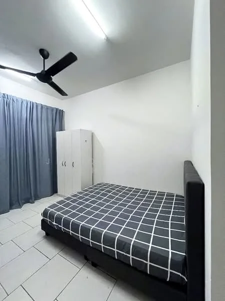 Bedroom features: queen-size bed with checkered bedding, black upholstered headboard, white wardrobe with two doors, grey curtains, ceiling fan with three blades, white painted walls, tile flooring; style: minimalist.