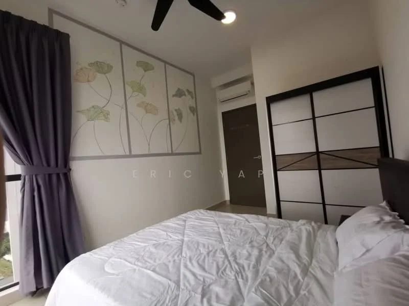 Bedroom features: queen-size bed, white bedding, decorative wall with floral pattern, floor-to-ceiling window, grey curtains, ceiling fan, built-in wardrobe with sliding doors, tile flooring, air conditioning unit; style: modern; view: garden.
