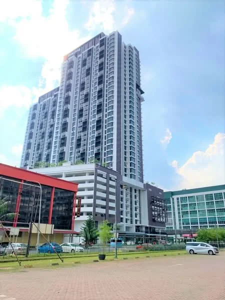 Exterior type: high-rise condominium; features: glass curtain wall, white painted facade, balconies on upper floors, multiple storeys, surrounded by landscaped area, parking area visible, adjacent to low-rise buildings, modern architectural design; style: modern.