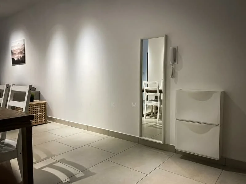 Room features: white painted walls, tile flooring, full-length mirror, white refrigerator, wooden dining table, white dining chairs, basket for storage, wall-mounted intercom; style: modern.