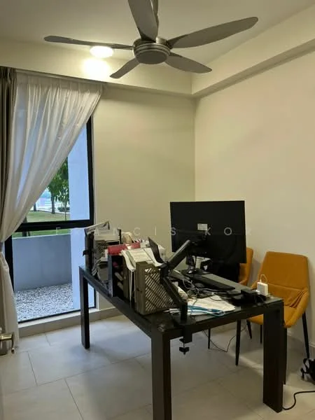 Study features: 5-blade ceiling fan, large window with sheer curtains, wooden desk, black office chair, 2 yellow chairs, computer monitor, papers and office supplies on desk, tile flooring, neutral wall color; style: modern; view: garden.