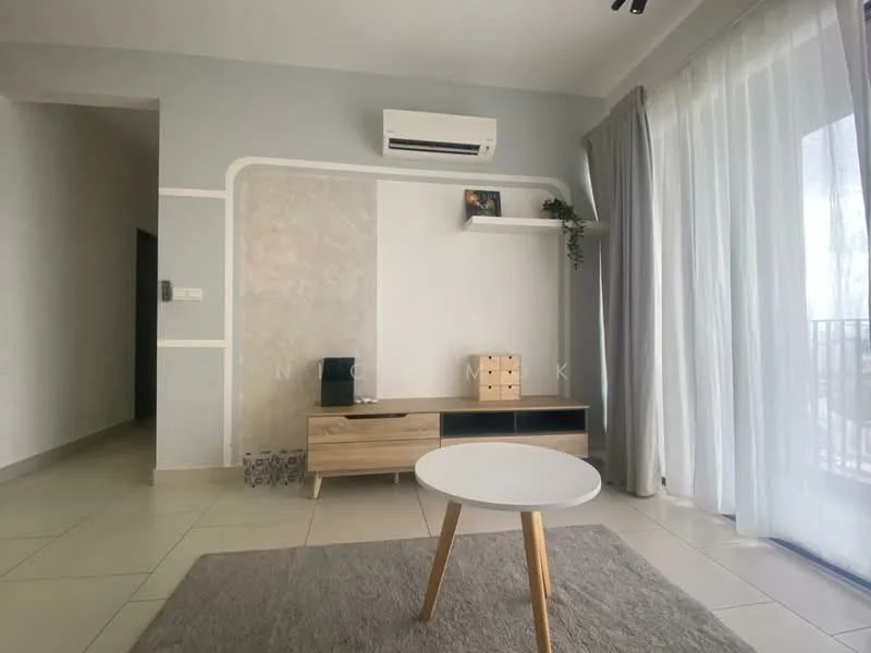 Living features: light grey painted walls, white ceiling, floor-to-ceiling windows, sliding glass door, sheer curtains, light wood TV console, white wall shelf, round coffee table with wooden legs, area rug in light grey, 1 wall-mounted split AC, decorative plant on shelf; style: modern.