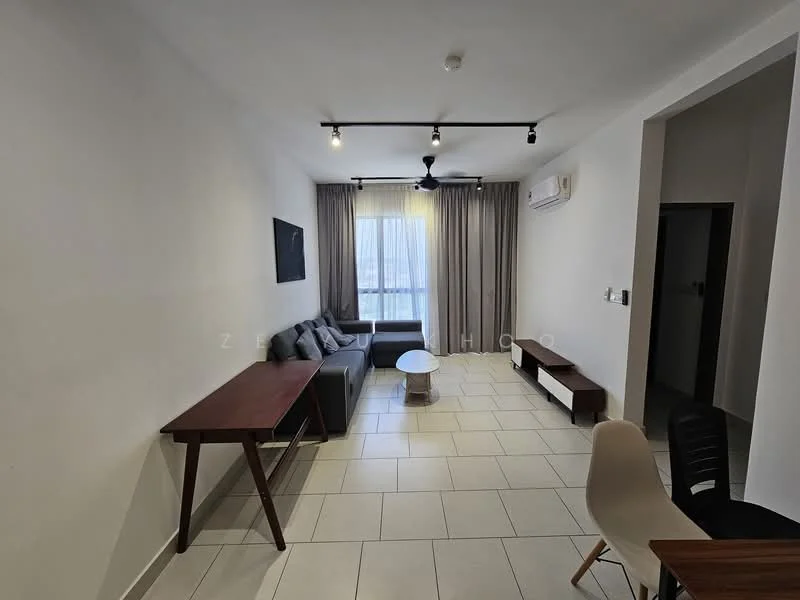 Living features: grey fabric sofa, coffee table, TV console, wall-mounted TV, floor-to-ceiling windows, sheer curtains, recessed LED downlights, ceiling fan, white painted walls, tile flooring; style: modern; view: city.