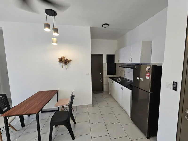 Kitchen features: white cabinetry, black countertop, stainless-steel sink, chrome pull-down faucet, built-in oven, freestanding range oven, black refrigerator, tile flooring, recessed downlights, 5-blade ceiling fan, dining table with wooden top, black dining chairs; style: modern.