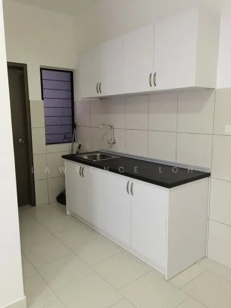 Kitchen features: white cabinetry with flat-panel doors, black countertop, single-bowl stainless-steel sink, chrome pull-down faucet, ceramic tile backsplash, white tiled walls, light-colored floor tiles, window with horizontal slats; style: modern.