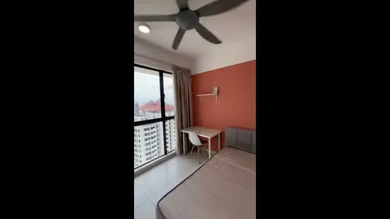 Bedroom features: king-size bed, upholstered headboard, 5-blade ceiling fan, floor-to-ceiling windows, curtains, study desk, white chair, light grey wall, orange accent wall, tile flooring; style: modern; view: city.