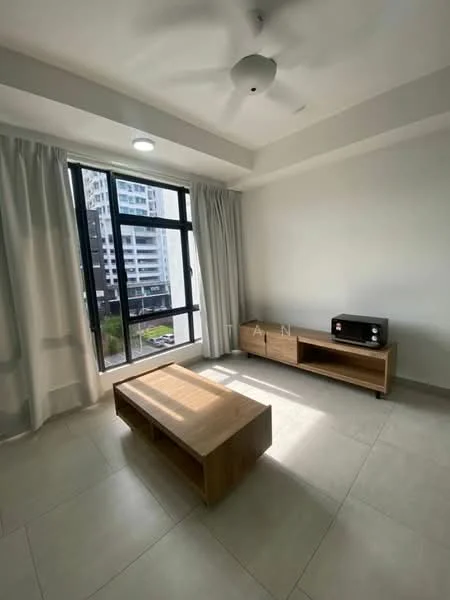 Living features: light grey painted walls, white ceiling with recessed lighting, 5-blade ceiling fan, large floor-to-ceiling windows, sheer curtains, wooden coffee table, wooden TV console, tile flooring, black microwave, view of outdoor greenery; style: modern; view: garden.