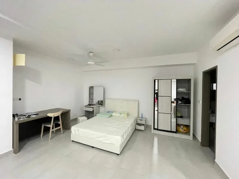 Bedroom features: queen-size bed with upholstered headboard, white bed frame, study desk with chair, built-in wardrobe with sliding doors, mirror on dresser, ceiling fan, wall-mounted air conditioning unit, light-colored tiled flooring, white painted walls, natural light from window; style: modern.