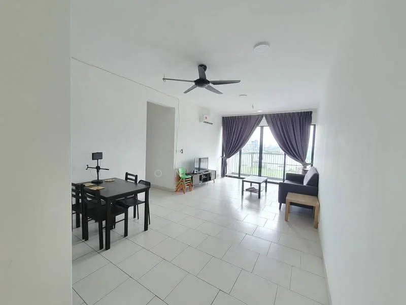 Living features: white painted walls, tile flooring, 5-blade ceiling fan with light, floor-to-ceiling windows, curtains in dark purple, sofa in dark color, coffee table, dining table with 4 chairs, air conditioning unit on wall; style: modern; view: city.