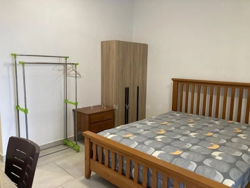 Bedroom features: queen-size bed with wooden frame, grey and yellow patterned bedding, wooden bedside table, wooden wardrobe with two doors, metal clothing rack, tile flooring, white painted walls, desk with chair; style: modern.