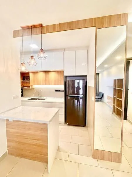 Kitchen features: white cabinetry, wooden cabinetry, marble countertop, double-bowl stainless-steel sink, chrome pull-down faucet, built-in oven, black fridge, pendant lights, tile flooring, mirror wall, open layout, island with seating, recessed lighting; style: modern.