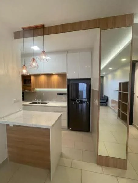 Kitchen features: white cabinetry, wooden accent cabinetry, marble countertop, stainless-steel sink, chrome pull-down faucet, built-in oven, stainless-steel fridge, pendant lighting, tile flooring, open layout, mirror wall, kitchen island; style: modern.
