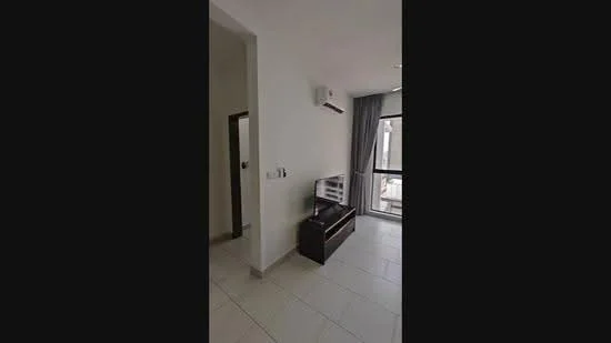 Room features: white painted walls, tile flooring, floor-to-ceiling windows, curtains, wall-mounted split AC, dark wood cabinet, light fixture; style: modern.