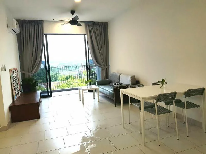 Living features: floor-to-ceiling sliding glass door, grey fabric sofa, white dining table, 4 white dining chairs, wooden storage bench, ceiling fan, wall-mounted split AC, light-colored tiled flooring, curtains, decorative wall art; style: modern; view: city.
