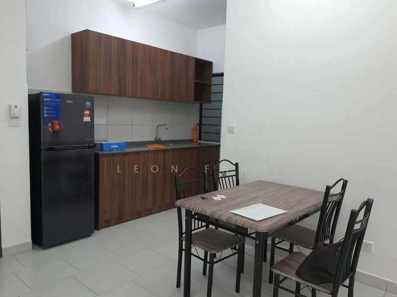 Kitchen features: wood cabinetry, grey countertop, stainless-steel fridge, built-in sink, chrome pull-down faucet, ceramic tile flooring, white walls, recessed lighting, dining table with four chairs; style: modern.