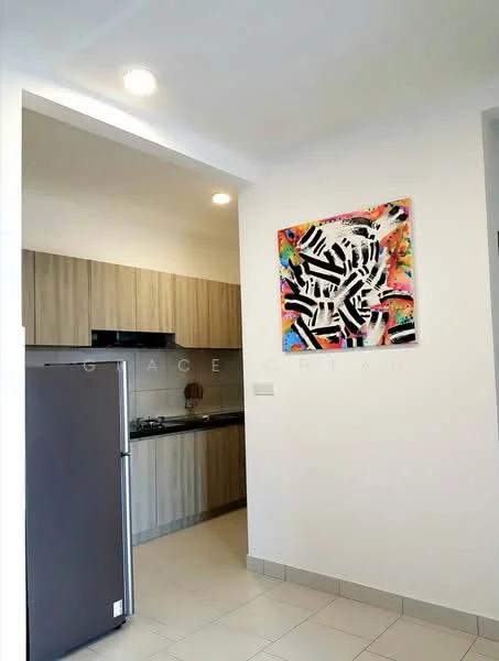 Kitchen features: stainless-steel fridge, built-in gas stove, kitchen cabinetry with wood finish, black countertop, white walls, recessed downlights, tile flooring, abstract wall art; style: modern.