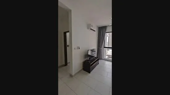 Room features: white painted walls, tile flooring, floor-to-ceiling windows, curtains, wall-mounted split AC, black console table, light-colored furniture, natural light from windows; style: modern.