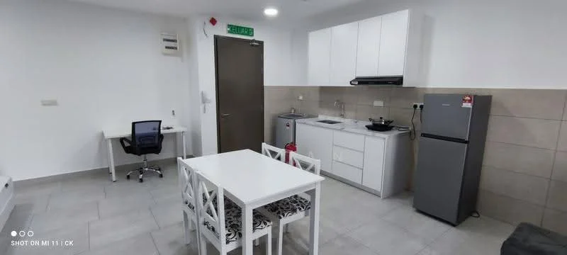 Kitchen features: white cabinetry, grey tiled backsplash, stainless-steel sink, chrome pull-down faucet, built-in stove, microwave, stainless-steel fridge, white dining table with four chairs, grey tiled flooring, wall-mounted air conditioning unit, study desk with black chair; style: modern.