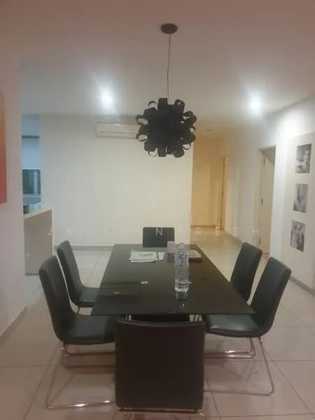 Dining features: black dining table, 6 upholstered dining chairs in black, pendant light fixture, recessed ceiling lights, air conditioning unit on wall, white painted walls, tile flooring, decorative wall art; style: modern.
