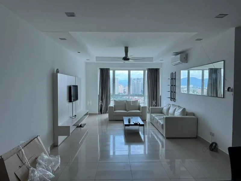 Living features: white painted walls, glossy tile flooring, 5-blade ceiling fan with light, floor-to-ceiling windows, grey sheer curtains, white leather sofa, coffee table, TV console, wall-mounted TV, decorative mirror, recessed downlights, air conditioning unit; style: modern; view: city.