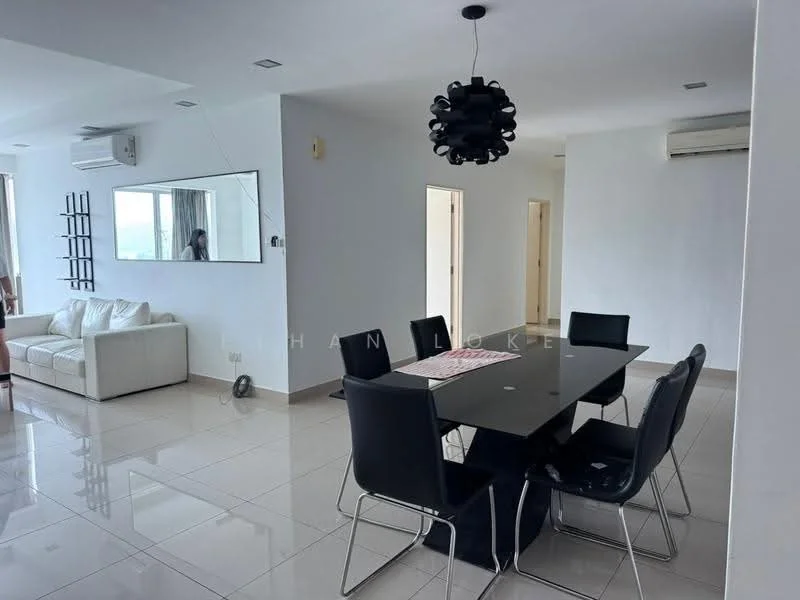 Dining features: black dining table, 6 black dining chairs, white walls, marble tile flooring, recessed downlights, wall-mounted mirror, air conditioning unit, floor-to-ceiling windows, city view, decorative pendant light; style: modern; view: city. Living features: white leather sofa, marble tile flooring, white walls, recessed downlights, air conditioning unit, floor-to-ceiling windows, city view; style: modern; view: city.