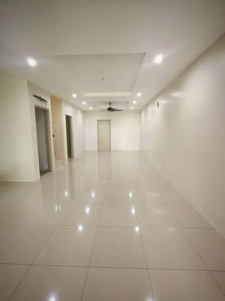 Room features: white painted walls, polished ceramic tile flooring, recessed downlights, tray ceiling, 1 ceiling fan, neutral color scheme, open layout, no visible furniture; style: modern.