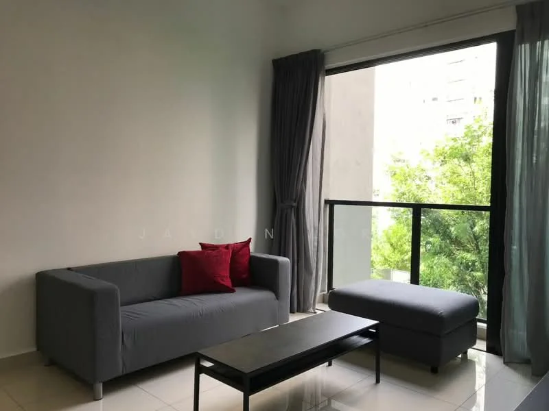 Living features: grey fabric sofa, red decorative pillows, black coffee table, floor-to-ceiling windows, sliding glass door, sheer curtains, blackout curtains, white painted walls, tile flooring, view of greenery; style: modern; view: garden.